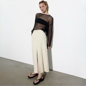 Zara Cream Cotton Midi Skirt High Waist Front Slit Minimalist Neutral